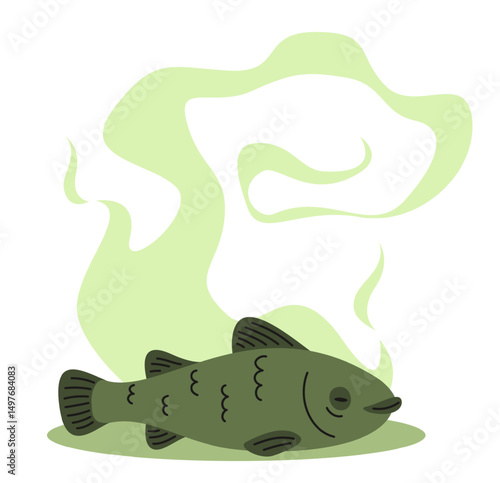 Green stinky toxic bad smell of dead not fresh fish. Spoiled food. Organic garbage. Unpleasant odor. Water pollution. Rotten animal. Moldy seafood product. Smelly trash. Vector concept