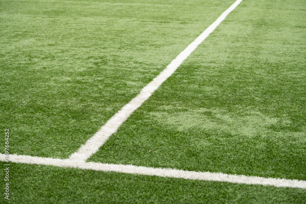 Obraz premium Bright green soccer field features freshly painted white lines marking the boundaries. The surface is well-prepared for a match, showcasing ideal playing conditions in the afternoon sun