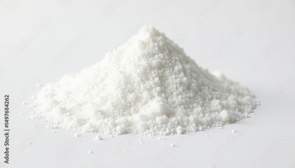 Pile of white granulated sugar on white background, macro, shiny, sweetener Pile of white granulated sugar on white background, macro, shiny, sweetener