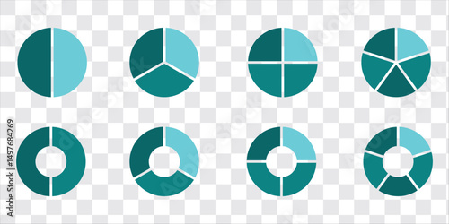 Circle division infographic icon set. Pie chart divided. Color pizza or donut round diagram. Infographic wheel segment and fraction. Vector illustration isolated on white background