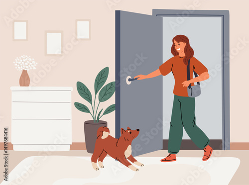 Dog meets his female owner sitting on mat at entranceway. Pet welcoming and greeting woman. Girl opening door. Home come. Entrance corridor. Happy puppy. Domestic animal. Vector concept