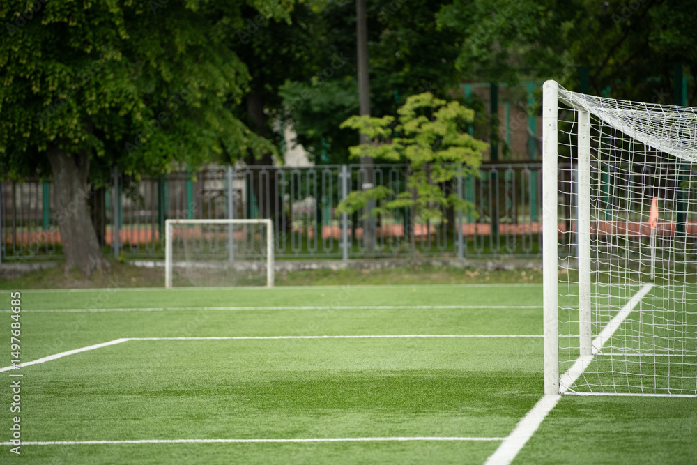 Fototapeta premium A well-maintained soccer field features a goal in the foreground under clear blue skies. Lush green trees surround the area, creating a vibrant atmosphere. Perfect for an afternoon match