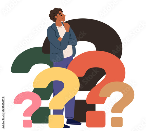 Businessman surrounded by lots questions. Man thinking about problems. Pensive persons with interrogatory marks. Thoughtful guy searching solution and finding answers. Vector concept