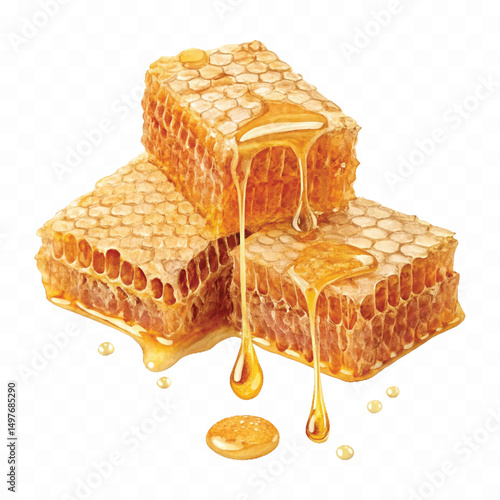 realistic smooth glossy honeycombs with liquid honey drops isolated on transparent background