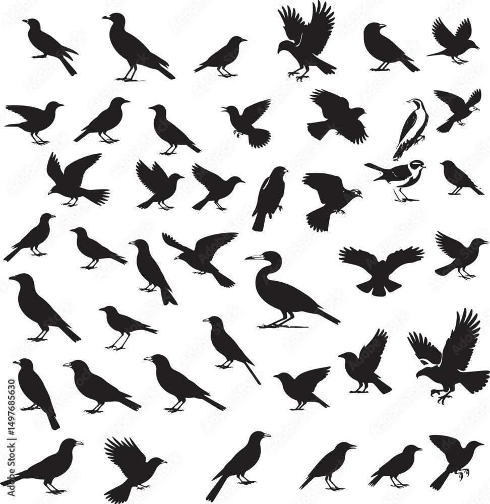 A comprehensive collection of black silhouette bird illustrations on a pure white background. A comprehensive collection of black silhouette bird illustrations on a pure white background.