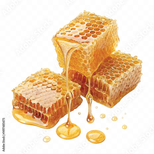 realistic smooth glossy honeycombs with liquid honey drops isolated on transparent background