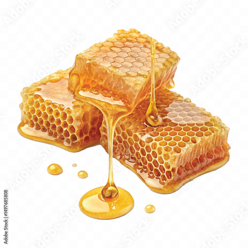 realistic smooth glossy honeycombs with liquid honey drops isolated on transparent background