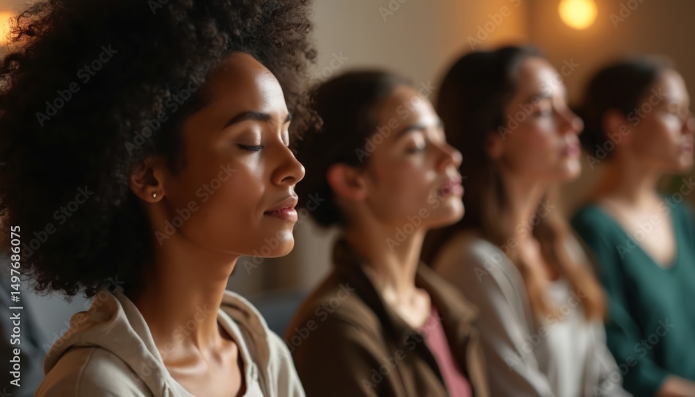 Fototapeta premium Group of diverse women in meditation. Practice mindfulness, self-care, relaxation. Inner peace, serenity, harmony. Close eyes, calm expression. Focus on mental well-being. Yoga, spiritual practices,