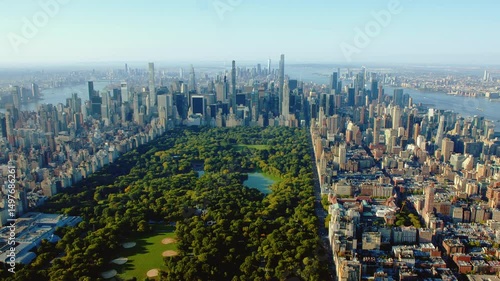 Beautiful Aerial Panoramic View Of New York City Focusing On The Upper Side of Manhattan And Central Park Area. High Quality Footage Shot From Helicopter.
