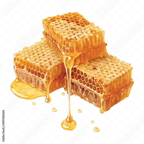 realistic smooth glossy honeycombs with liquid honey drops isolated on transparent background