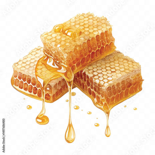 realistic smooth glossy honeycombs with liquid honey drops isolated on transparent background