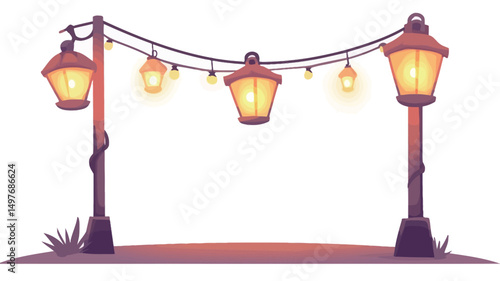 The image showcases a digital illustration featuring two stylized streetlight posts flanking a series of hanging lanterns and smaller lights. The style is vector-based, exhibiting smooth gradients.
