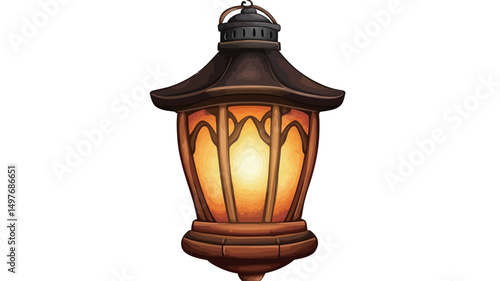A digitally rendered image depicting an antique-style lantern. The lantern is brown with an orange-hued illumination emanating from within the glass panes. The design is reminiscent of gothic.