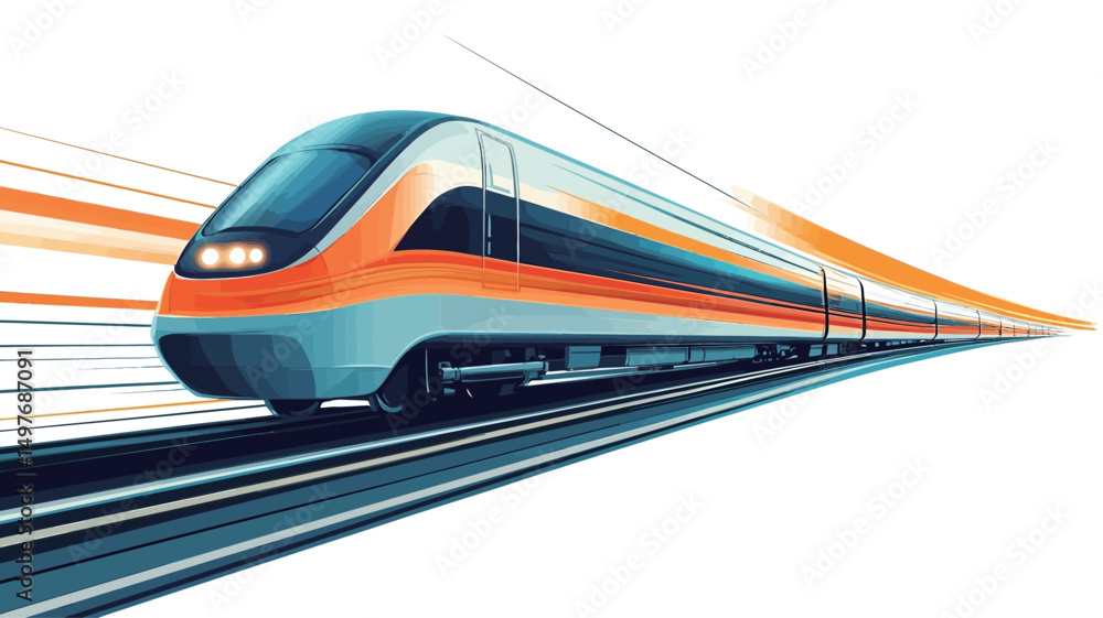 Naklejka premium The image showcases a high-speed train rendered in a stylized, almost graphic design style. The train's color scheme is predominantly orange, gray, and white, creating a sense of modern technology.