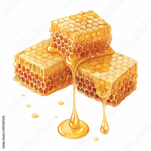 realistic smooth glossy honeycombs with liquid honey drops isolated on transparent background