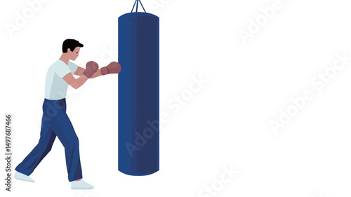 The image is a vector illustration depicting a man in profile view, wearing a white t-shirt and blue pants, punching a tall, dark blue punching bag. The man is shown in a dynamic pose mid-punch.