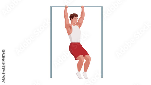 The image shows a digitally rendered illustration of a man performing a hanging leg raise exercise. The man is depicted from the knees up, with his body in a slight arch, his legs raised at.