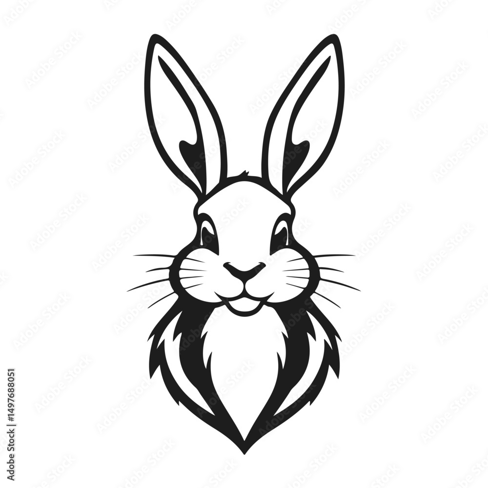 Obraz premium Cute rabbit head, bunny face, cartoon hare logo, black white animal, vector woodland creature illustration