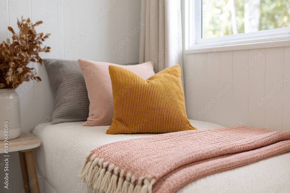 Fototapeta premium bright and cozy bedroom in tiny house featuring minimalist decor and soft natural light