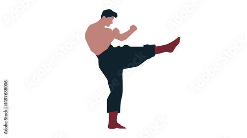 The image is a vector illustration depicting a muscular man executing a high kick, characteristic of various martial arts. The style is minimalist, with a clean white background emphasizing the.