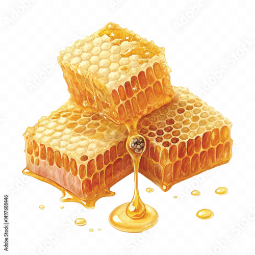 realistic smooth glossy honeycombs with liquid honey drops isolated on transparent background