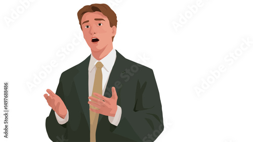 A stylized vector illustration depicting a fair-skinned man in a dark green suit and gold tie. His mouth is slightly open, and his hands are raised in a gesture of surprise or astonishment. His.