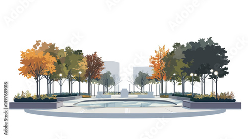 A digital vector illustration depicting a symmetrical urban park scene. The image features a central fountain or reflecting pool, flanked by two rows of trees displaying a variety of autumnal