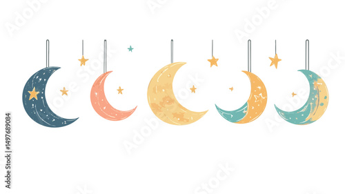 A digital illustration depicting six stylized crescent moons of varying pastel colors (teal, peach, yellow, light green) hanging from thin, invisible strings against a solid white background. Each