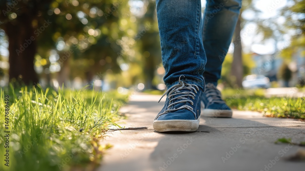 Person Walking on Sidewalk in Blue Sneakers, Representing Personal Journey and Healthy Lifestyle Choices on a Sunny Day : Generative AI Person Walking on Sidewalk in Blue Sneakers, Representing Personal Journey and Healthy Lifestyle Choices on a Sunny Day : Generative AI