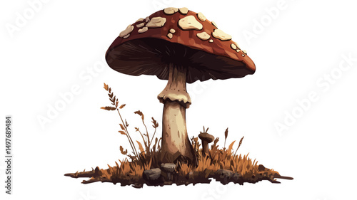 A digitally painted illustration of a single mushroom, predominantly reddish-brown with white speckles on its cap, set against a white background. The mushroom exhibits a textured cap and stem