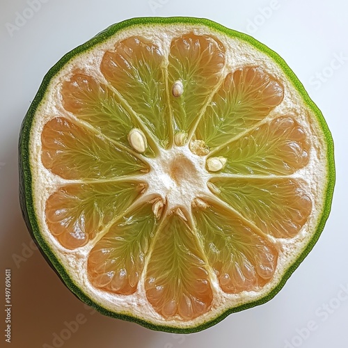 Freshly sliced lime showcasing its vibrant green interior with juicy segments on white background