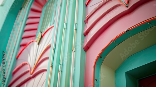 Miami Art Deco doorway detail, close-up, pastel colors and neon trim, pink, mint, and aqua palette