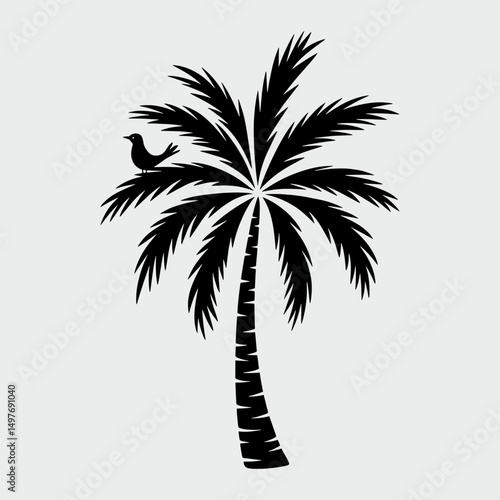 A palm tree is drawn in black and white