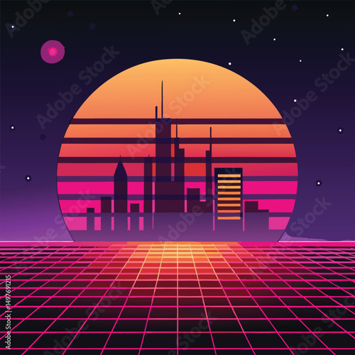 Retro Futuristic Cityscape 80s Synthwave Sunset Illustration