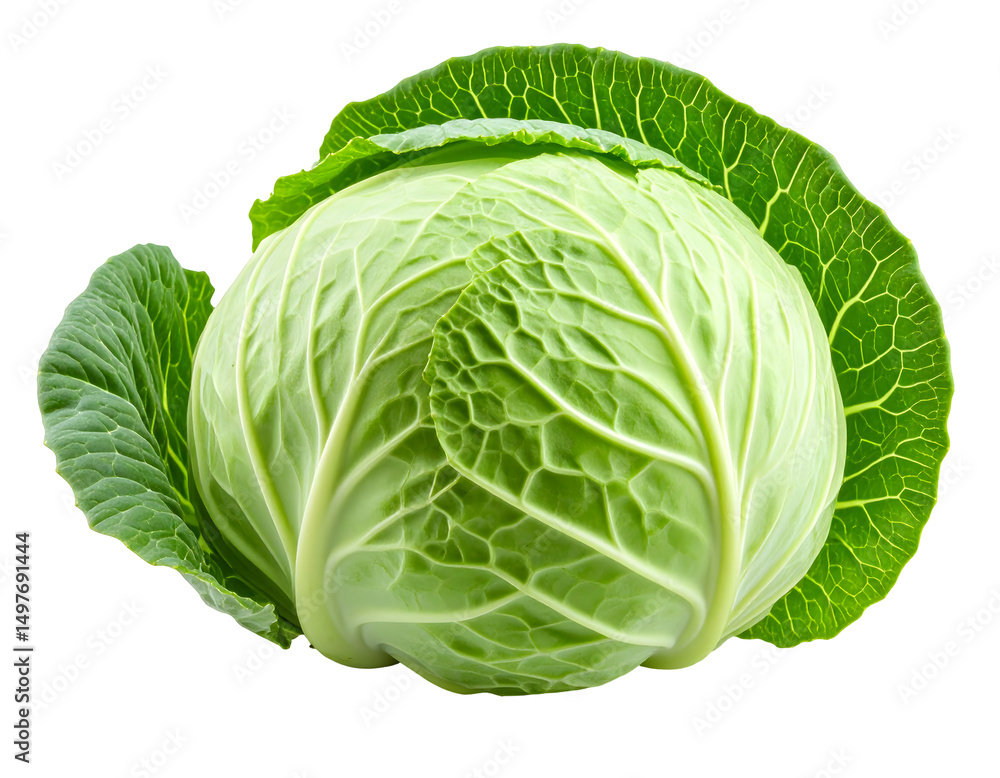 Fototapeta premium Close-up of a fresh green cabbage head. Isolated transparent background