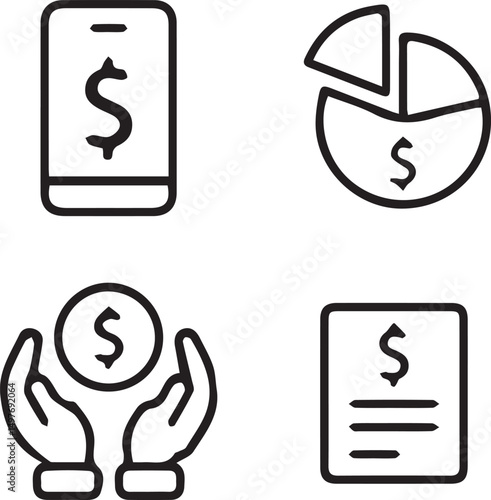 Financial Icons Set: A visually coherent compilation of financial icons, each representing key aspects of modern monetary transactions and data visualization. Ideal for business and financial design.