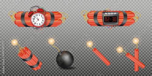 Realistic 3d bomb dynamite sticks with burning fuse. Vector