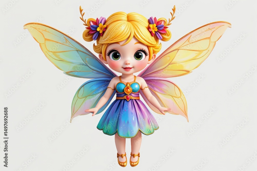 Adorable Cartoon Fairy with Rainbow Wings Blonde Hair and Flower Crown Magical Fantasy Illustration Adorable Cartoon Fairy with Rainbow Wings Blonde Hair and Flower Crown Magical Fantasy Illustration