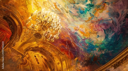 Opera Garnier ceiling fresco, close-up, swirling colorful painting with chandelier, golden baroque tones