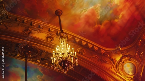 Opera Garnier ceiling fresco, close-up, swirling colorful painting with chandelier, golden baroque tones