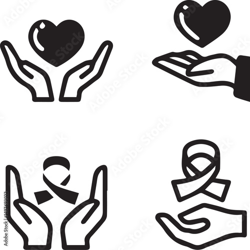 Compassion and Solidarity Icons: Simple yet powerful icons of outstretched hands cradling a heart, a ribbon, symbolizing caring, support, and unity. conveying empathy and community spirit.