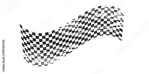 Grunge waing car race flag with scratches vector illustration. Checkered pattern of start and finish of auto rally and motocross, banner for karting sport, championship trophy on white background