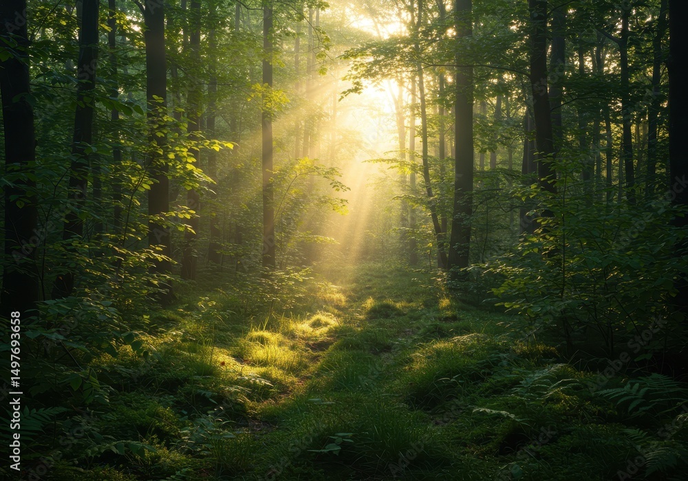 Fototapeta premium Sunbeams Filtering Through Lush Green Forest