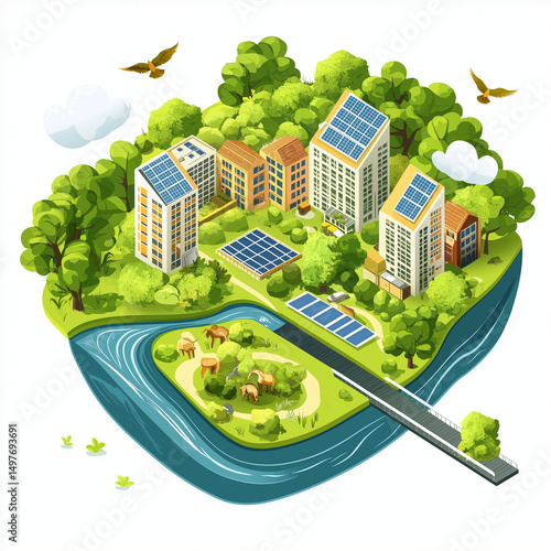 Eco-friendly city on a floating land, sustainable living and green architecture