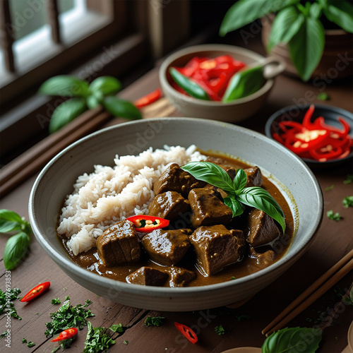 Ultra-Realistic Thai Beef Curry with Jasmine Rice in Rustic Bowl on Wooden Tabletop