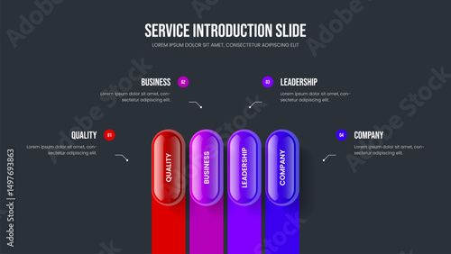 Service Review 4 Option Diagram Presentation Design. Financial Proposal Slide Layout Vector Illustration. Sales Performance Four Element Infographic Slideshow Template.