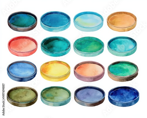 Watercolor paint palettes in various vibrant colors.