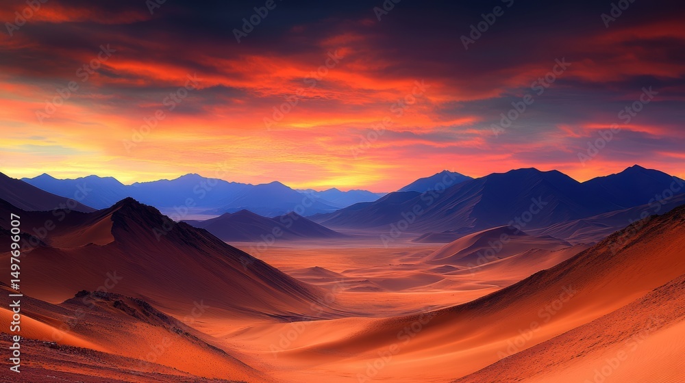 Naklejka premium A breathtaking desert landscape features rolling sand dunes under a dramatic sunset sky, perfect for use in travel articles, nature-themed projects, or as a stunning background for various designs,