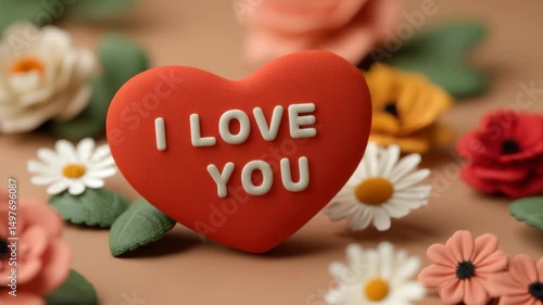 I love you heart with red, white, yellow, and pink daisy flowers background, romantic and warm feeling for love and affection, heart cookie surrounded by colorful flowers creating romantic atmosphere