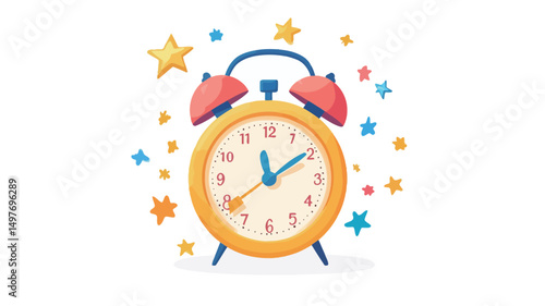 A digital illustration of a cheerful yellow alarm clock with red bells, surrounded by colorful stars and confetti. The clock face features simple, bold numerals, and the hands indicate a time.